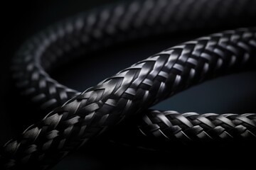 Black snake skin like cable Black braided wires in bundle on black background Wire sleeve for data line protection Flame retardant nylon tube - obrazy, fototapety, plakaty