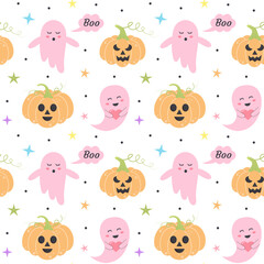 Cute pink halloween ghost and spooky pumpkins seamless pattern. Pastel glamour print for wrapping and textile.