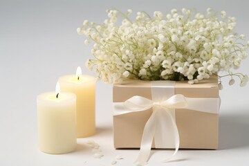 Candles and gypsophila on a white background