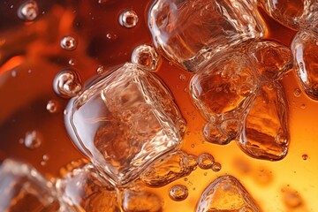 Carbonated beverage with frozen water Food in the backdrop close up of the soda decorative component Lager s effervescent spheres up close Frozen water foam set