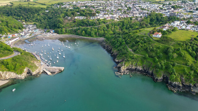 Aerial view of the Fishguard harbour with clear turquoise sea