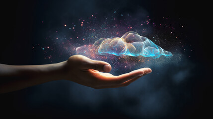 Fototapeta na wymiar hand of a person holds a futuristic cloud in it