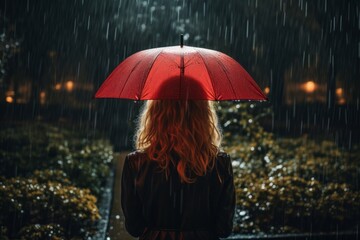 Woman walking on rainy day with red umbrella. Without face. Bad weather concept