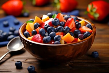 Fresh berries in a bowl on a wooden table