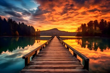 Wooden jetty on a lake at sunset
