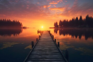 Wooden jetty on a lake at sunrise, Beautiful summer landscape