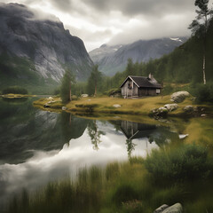 Obraz premium House in the mountains of Norway. Lakes and rivers in the mountains. Beautiful nature. Autumn