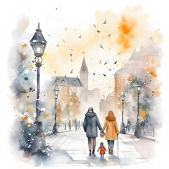Watercolor, autumn illustration of city streets.