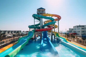 Photo of an amusement water park with colorful slides, tubes, top view, swimming pool