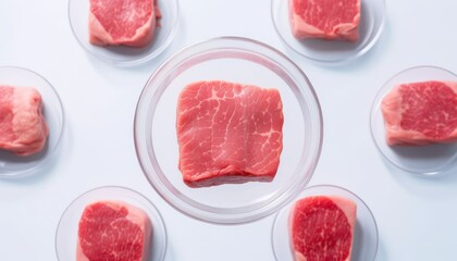 Artificial lab grown meat in petri dish, Biotechnology in climate change co2 carbon emissions ESG 2050