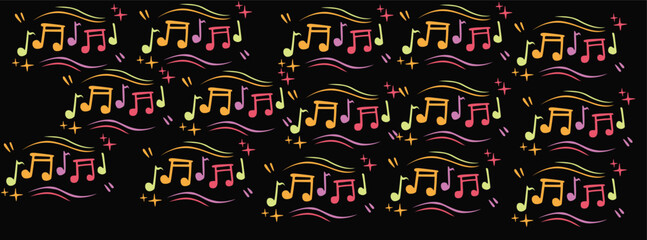Seamless vector pattern of the colored musical notes on a black background.