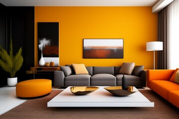 modern living room with beautiful bright yellow wall paint generated by AI