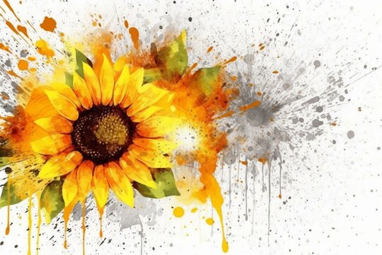Abstract sunflower background with watercolor paint splashes. Generative AI