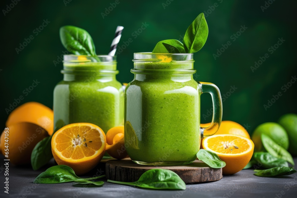 Canvas Prints nutritious green smoothie with spinach mango citrus fruits in glass jars