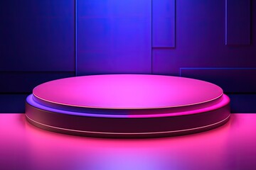 Neon lit podiums against abstract backdrop showcasing products with modern geometric designs