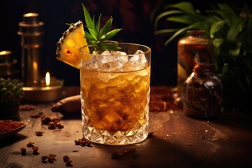 Pineapple rum mezcal cocktail with chili and dried fruit in a plant filled empty kitchen - obrazy, fototapety, plakaty