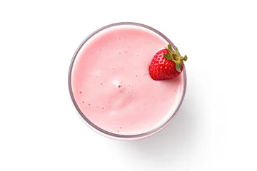 Poster Pink strawberry milkshake or cocktail in a glass isolated on white background viewed from above © The Big L