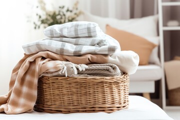 Plaid clean bedding and natural materials arranged after laundry representing washing and hotel service concept - obrazy, fototapety, plakaty