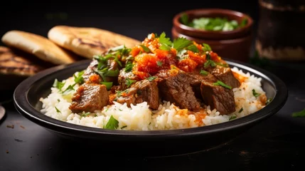 Poster Arabic cuisine, Egyptian oriental Fettah with white rice and crispy bread topped with seasoned garlic red sauce,crispy fried garlic and veal chunks on rustic dark background. © Shahla