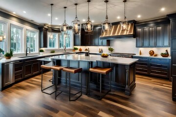 Beautiful kitchen in new luxury home with island, pendant lights, and hardwood floors - obrazy, fototapety, plakaty