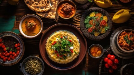 Arabic Cuisine. Middle Eastern traditional lunch. Its also Ramadan Iftar. The Meal eaten by Muslims after sunset during Ramadan