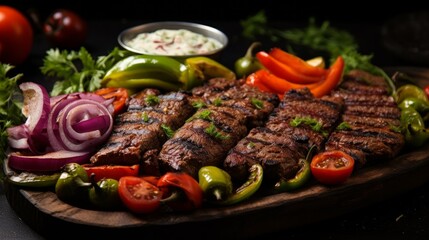 Beef Kabab (A Platter of meat kabab on the Arabian Turkish way) ready for dinner or lunch at restaurant with fresh healthy vegetables and capsicum with tomato sauce
