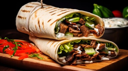 Beef shawarma sandwich fresh roll, wrap of grilled meat and salad tortilla wrap with white sauce. turkish Doner Kebab on a lavash - Shawarma Beef. - obrazy, fototapety, plakaty