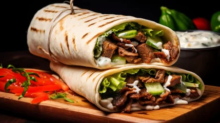 Abwaschbare Fototapete Beef shawarma sandwich fresh roll, wrap of grilled meat and salad tortilla wrap with white sauce. turkish Doner Kebab on a lavash - Shawarma Beef. © Shahla