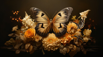illustration of a butterfly in autumn with flowers around it