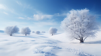 a snow covered field with trees,