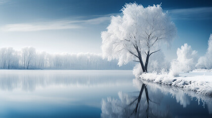 frost covered winter trees on a lake - obrazy, fototapety, plakaty