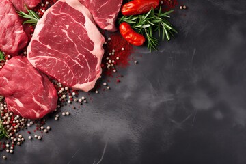 Raw meat selection on grey backdrop Wide view banner with text area