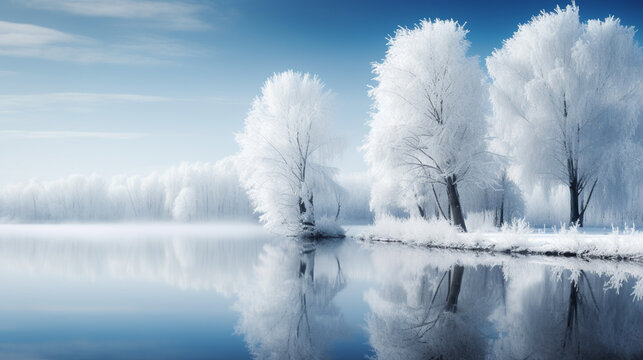 frost covered winter trees on a lake