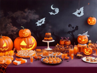 Halloween party. Pumpkins, skeletons and skulls. Generated by AI