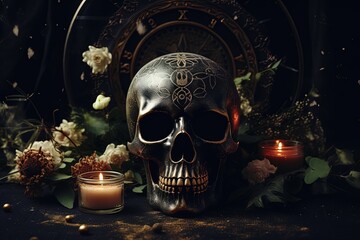 Skull symbol on mysterious background Halloween and occult concept