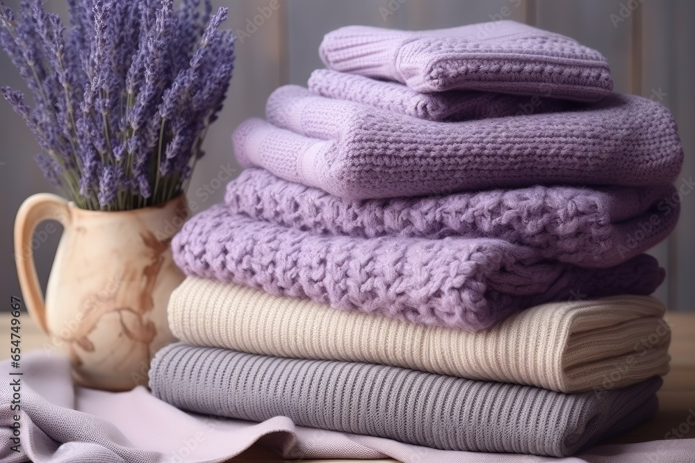 Poster Stack of warm knitted clothes with lavender for autumn and winter seasons