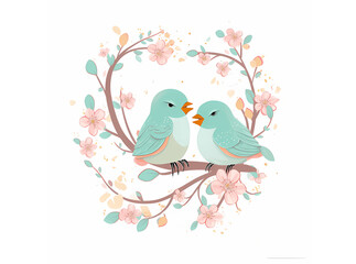 illustration with blue, love birds on a branch with flowers. Ideal for wallpaper, background