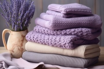 Stack of warm knitted clothes with lavender for autumn and winter seasons - obrazy, fototapety, plakaty