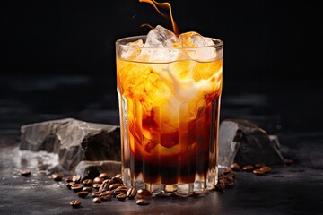 Stacked ice and layered espresso orange juice and syrup in a see through glass on a stone backdrop