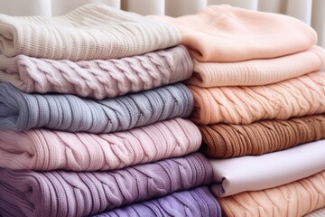 Stack of stylish pastel colored knit sweaters with unique patterns visible texture Suitable for...