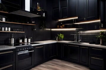 Black kitchen interior with sink, chairs, dishes, and decor