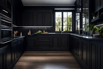 Black kitchen interior with sink, chairs, dishes, and decor