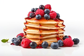 Tasty pancakes with berries on a white background