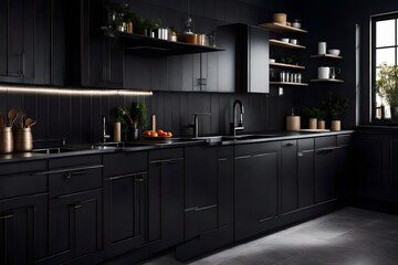 Black kitchen interior with sink, chairs, dishes, and decor