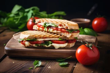 Foto op Plexiglas Tomato and mozzarella vegetarian panini on wooden table © The Big L