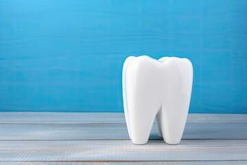 Tooth model on blue wooden background representing dental hygiene and preventing plaque and gum disease