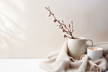 Top view of a cozy beige cashmere scarf on a light gray background with a cup of coffee and a cotton sprig Autumn winter concept