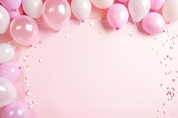 Top view of a flat lay birthday arrangement with a pastel pink table colorful balloons and confetti - obrazy, fototapety, plakaty