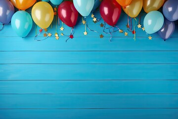 Top view of a flat lay style banner with vibrant balloons on a blue wooden background suitable for parties or birthdays - obrazy, fototapety, plakaty