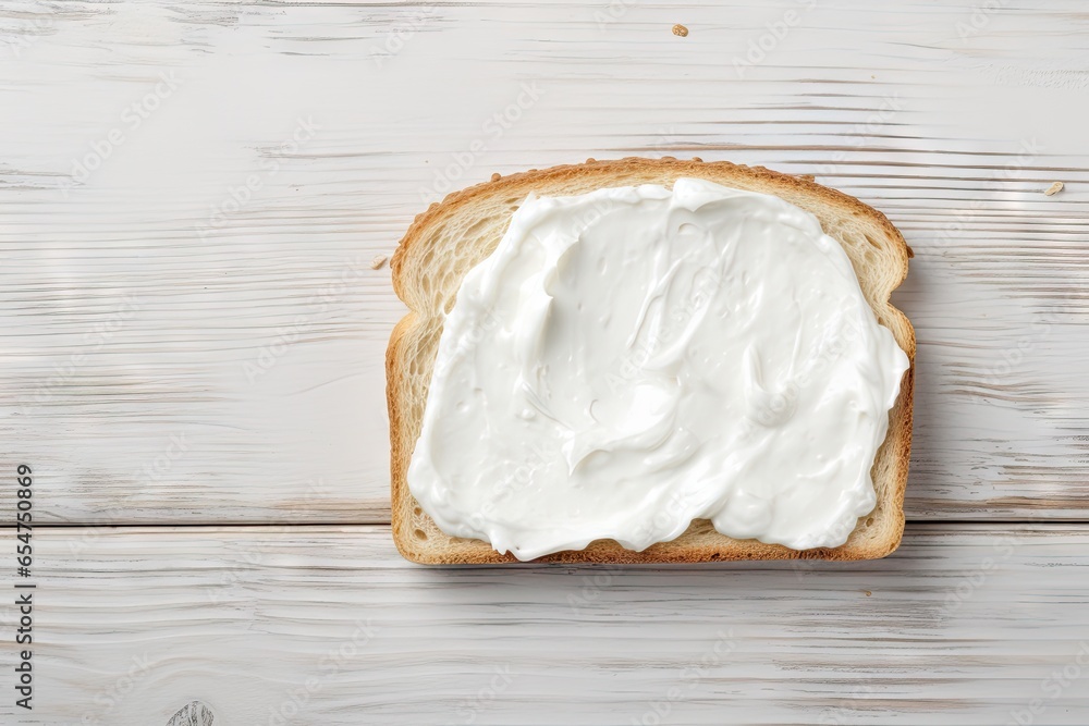 Poster Top view of cream cheese on bread on wooden table